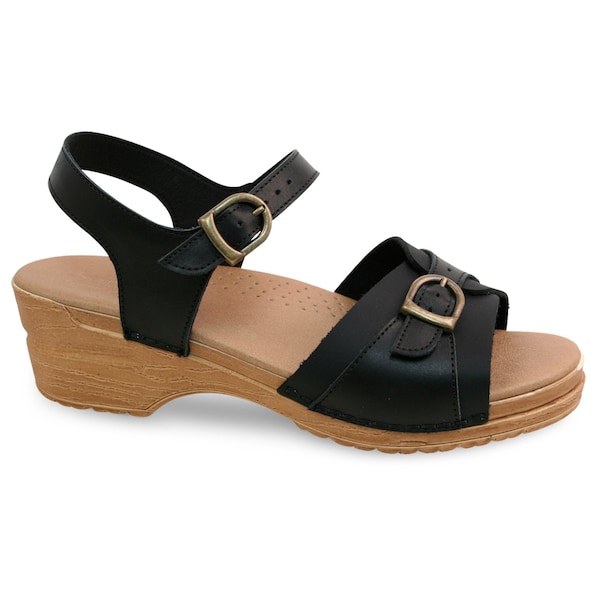 Sandal, Pebbled/Oiled Leather Upper, Polyurethane Outsole, Black, Size 10.5-11 M